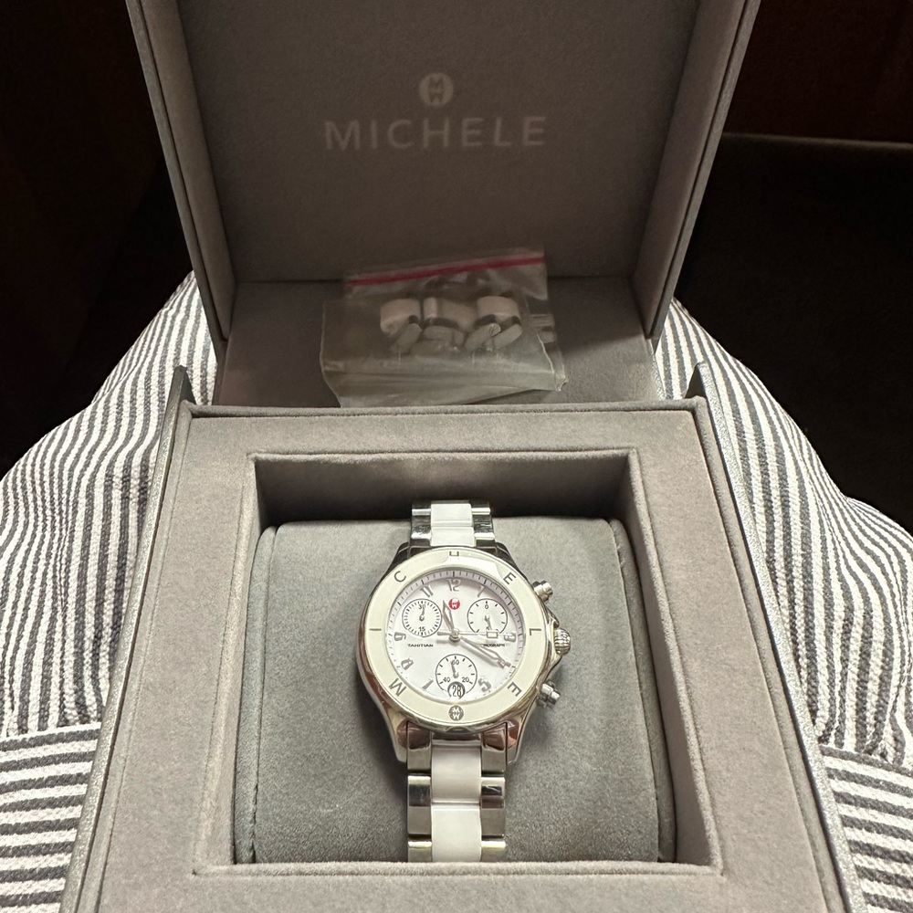 Michele Tahitian White Ceramic and Stainless Steel Ladies Watch